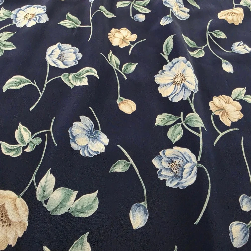 Floral Midi Skirt Elastic‎ Waist Navy Blue Vintage 34 Large Cottagecore Spring